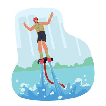 Man Character Soaring On Flyboard With Water Propulsion, Performing Aerial Tricks And Stunts, While Enjoying The Thrill vector