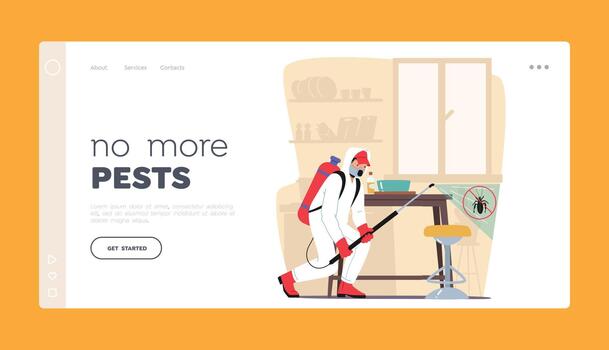 Pest Control Landing Page Template. Exterminator Spraying Insecticide, Setting Traps, And Inspecting For Pests vector