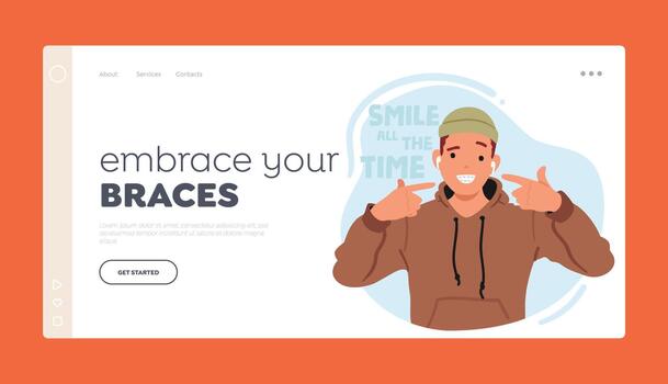 Landing Page Template with Happy Male Character Beaming With Joy, Man With Braces Is Thrilled With The Progress vector