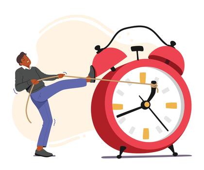 Man Struggles To Reverse Direction Of Oversized Alarm Clock Arrows, Panicking As Time Runs Out, Cartoon Illustration vector