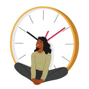 Smiling Woman Seated Beside Oversized Watches, Appears Joyful And Content, With A Gleaming Expression vector