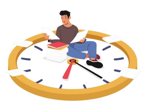 Man Sitting On Large Watch Surrounded By Scattered Papers And Documents. Concept Of Time Management And Busy Schedule vector
