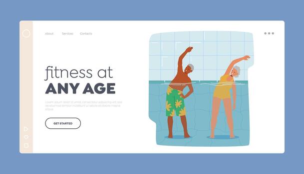 Senior Characters Exercise In Pool Landing Page Template. Old People Smiling While Participating In Fun Aqua Aerobics vector