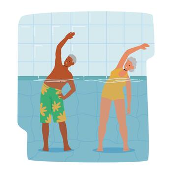 Senior Characters Exercise In Pool, Smiling While Participating In Fun Aqua Aerobics Class, Improving Their Fitness vector