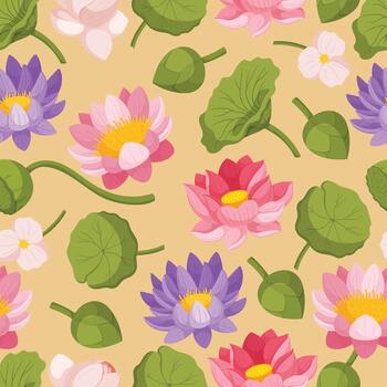 Seamless Pattern Showcasing The Graceful Elegance Of Water Lily And Lotus Flowers, Creating A Harmonious Design vector