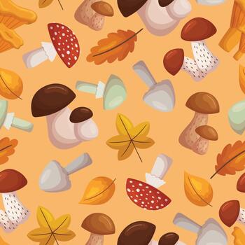 Seamless Pattern with Forest Mushrooms And Leaves, Creating A Harmonious And Organic Design, For Nature-themed Projects vector