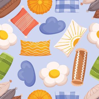 Pillows Seamless Pattern, Creative Design Featuring Various Soft Pillows In Different Shapes, Sizes, And Ornaments vector