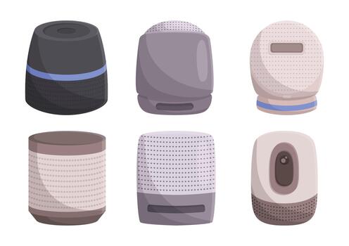Voice-controlled Smart Home Speakers Set. Devices, Provides Hands-free Control, Voice-activated Commands vector