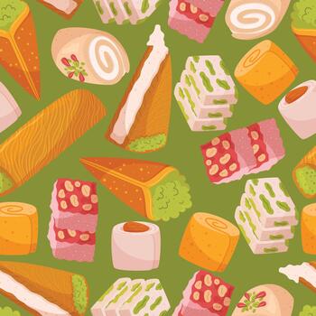Seamless Pattern Showcasing A Delightful Array Of Eastern Sweets, Combining Rich Colors And Intricate Designs vector