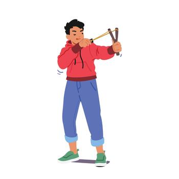 Mischievous Boy Wreaking Havoc With Slingshot, Causing Mischief And Chaos With His Unruly Antics, Illustration vector