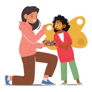 Woman Animator Skillfully Painting A Child Face, Creating Smiles And Transforming Them Into Magical Butterfly Character vector