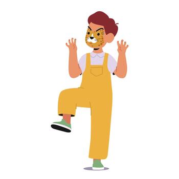Child With A Painted Face Resembling A Cheetah, Displaying A Fierce And Playful Expression With Bold Spots vector