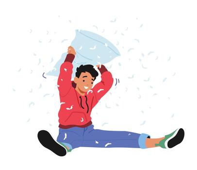 Mischievous Boy Character Tossing Pillow, Feathers Swirling In The Air, Creating A Playful And Chaotic Scene Of Laughter vector