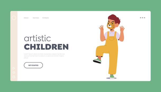 Artistic Children Landing Page Template. Child With A Painted Face Resembling A Cheetah, Displaying Playful Expression vector