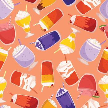 Whimsical And Delightful Seamless Pattern Features A Variety Of Milkshakes In Vibrant Colors, Creating A Fun And Playful vector