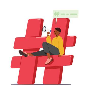 Man Character With Loudspeaker Sitting on Huge Hashtag Sign, Conveying A Message To A Wide Audience, Illustration vector