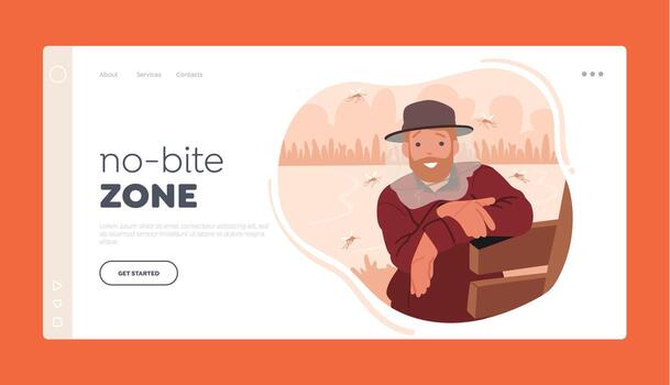 No-Bite Zone Landing Page Template. Male Character Wear Hat With Mosquito Net. Practical And Protective Accessory vector