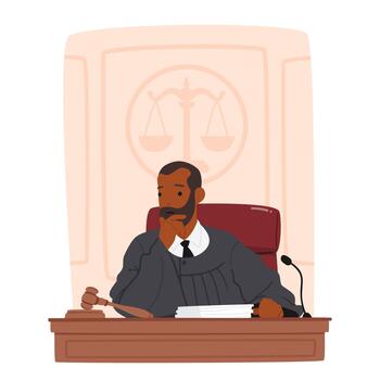 pensando juez masculino personaje sentado a escritorio, contemplando en un Corte configuración, considerando evidencia vector