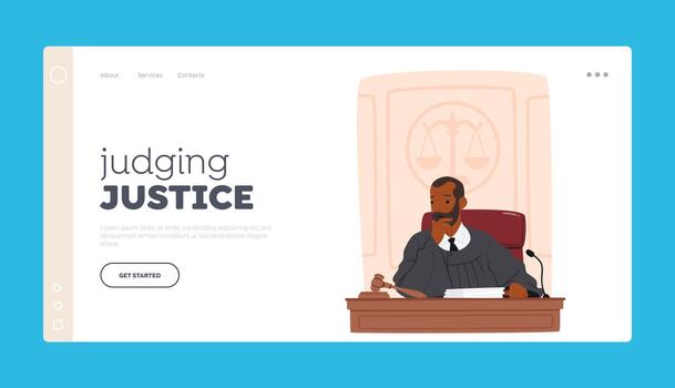 Judging Justice Landing Page Template. Thinking Judge Male Character Sitting At Desk, Contemplating In A Court Setting vector