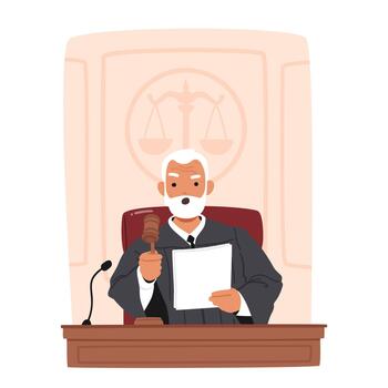 Senior Judge Character With Gavel Seated At Desk, Presiding In Court, Delivering Justice And Maintaining Order vector