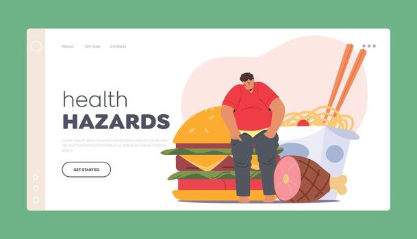 Health Hazards Landing Page Template. Overweight Man Struggles To Close Undersized Pants Due To Excessive Girth vector