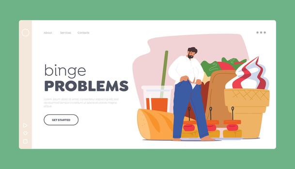 Binge Problems Landing Page Template. Obese Man Struggles To Zip Up Undersized Pants Due To The Restriction Illustration vector