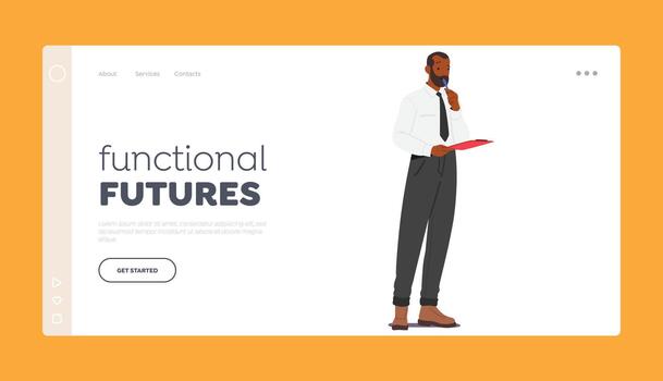 Functional Future Landing Page Template. Male Character Holding Pen And Clipboard, Making Notes, Gathering Information vector