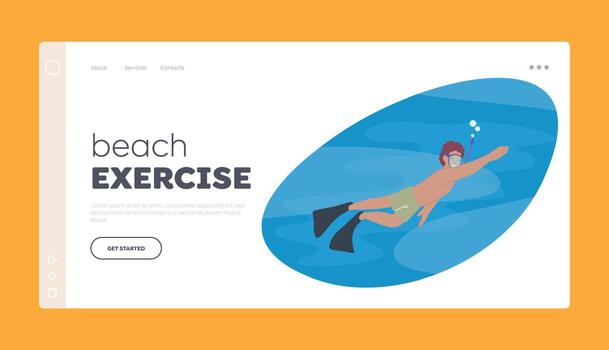Beach Exercise Landing Page Template. Man Snorkeling With Mask, Exploring Underwater Wonders, Discovering Marine Life vector