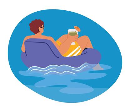 Relaxed Man Enjoying A Refreshing Cocktail While Floating On An Inflatable Ring In A Pool Or Beach Setting vector