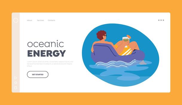 Oceanic Energy Landing Page Template. Relaxed Man Enjoying A Refreshing Cocktail While Floating On An Inflatable Ring vector