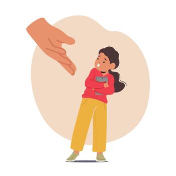 Stubborn Child With Gadget Addiction Adamantly Holds Onto Smartphone, Defying Parent's Request To Hand It Over vector