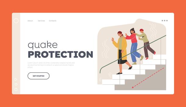 Quake Protection Landing Page Template. Frightened Characters Support And Cling To One Another During Earthquake vector