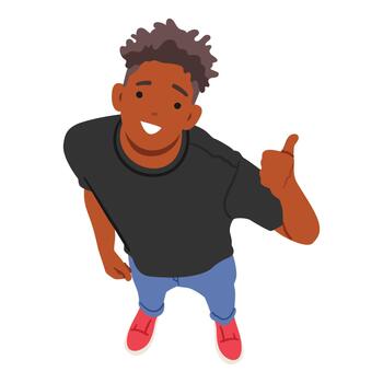 Confident Man Looking Up, Giving A Thumb Up Gesture, Captured From A Top View Perspective, Expressing Approval vector