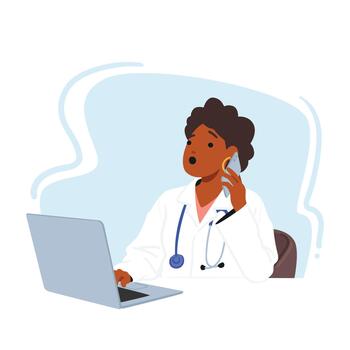 Busy Female Doctor Character Multitasking, Working On A Laptop While Handling A Phone Call. Efficiently Managing Records vector