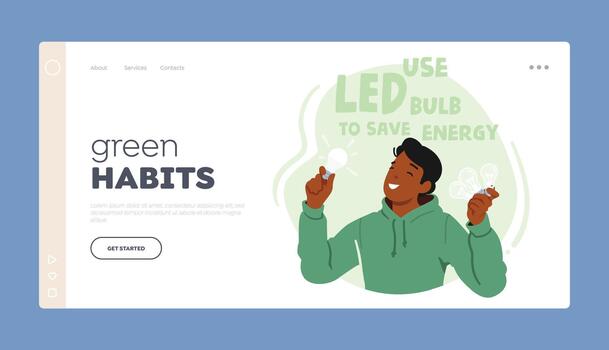 Green Habits Landing Page Template. Man Character Saves Energy Using Led Bulb, Efficient And Sustainable Solution vector