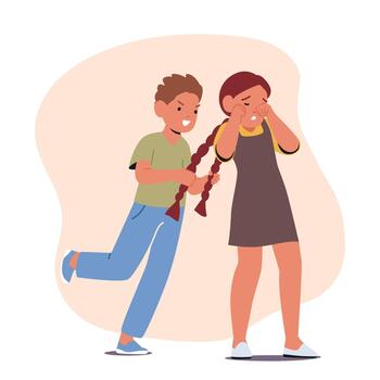 juguetón chico burlas niña por tracción su coletas, causando su a reaccionar con un mezcla de molestia y diversión vector