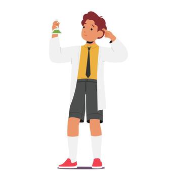 Curious Schoolboy Character Hold Chemical Flask Exploring Wonders Of Science And Discovery. Eager To Learn Chemistry vector