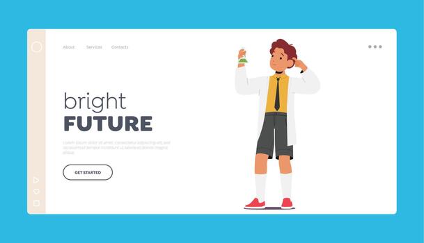 Bright Future Landing Page Template. Schoolboy Character Hold Chemical Flask Exploring Wonders Of Science And Discovery vector