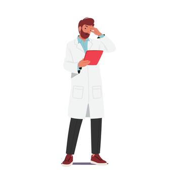 Baffled Male Doctor Character Staring At Clipboard with Document, Displaying Perplexed Expression, Illustration vector