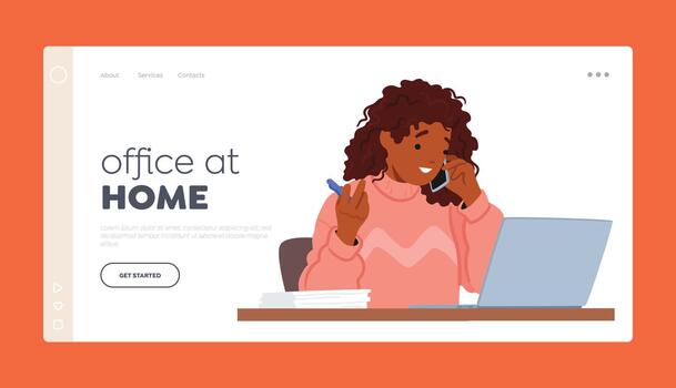 Office at Home Landing Page Template. Woman Character Working On Laptop And Making A Phone Call Simultaneously vector