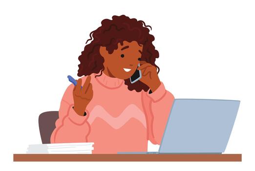 Multitasking Woman Character Working On Laptop And Making A Phone Call Simultaneously, Efficiently Managing Tasks vector