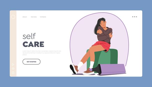 yo cuidado aterrizaje página modelo. sentado mujer rodeado por círculo, creando un sentido de unidad y conexión vector