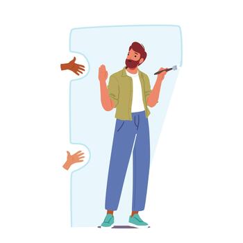 hombre dibujo protector frontera alrededor él mismo, creando un Perímetro de la seguridad y soledad, dibujos animados ilustración vector