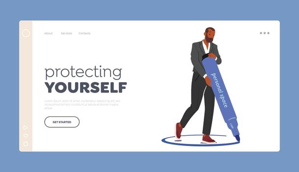 Protecting Yourself Landing Page Template. Man Drawing Circle Around Himself Creating Personal Boundary, Assert Presence vector