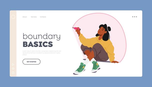 Perímetro lo esencial aterrizaje página modelo. introvertido mujer personaje dibujo circulo alrededor sí misma para protección personal vector