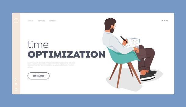 Time Optimization Landing Page Template. Man Plans Schedule, Sitting On Chair, Maximizing Productivity, Illustration vector