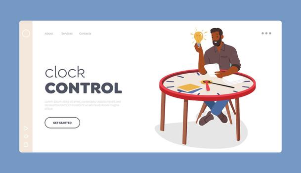 Clock Control Landing Page Template. Man Seated At Clock Table, Holding Glowing Light Bulb And Paper, Productivity vector