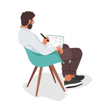 Efficient Time Management Concept. Man Plans Schedule, Sitting On Chair, Maximizing Productivity vector