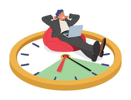 Efficient Time Management Concept with Relaxed Man Lying On Giant Clock With Laptop Symbolizes Effective Planning vector