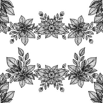 Intricate hand drawn floral border with delicate linework featuring stylized flowers and leaves in a repeating seamless pattern isolated vector